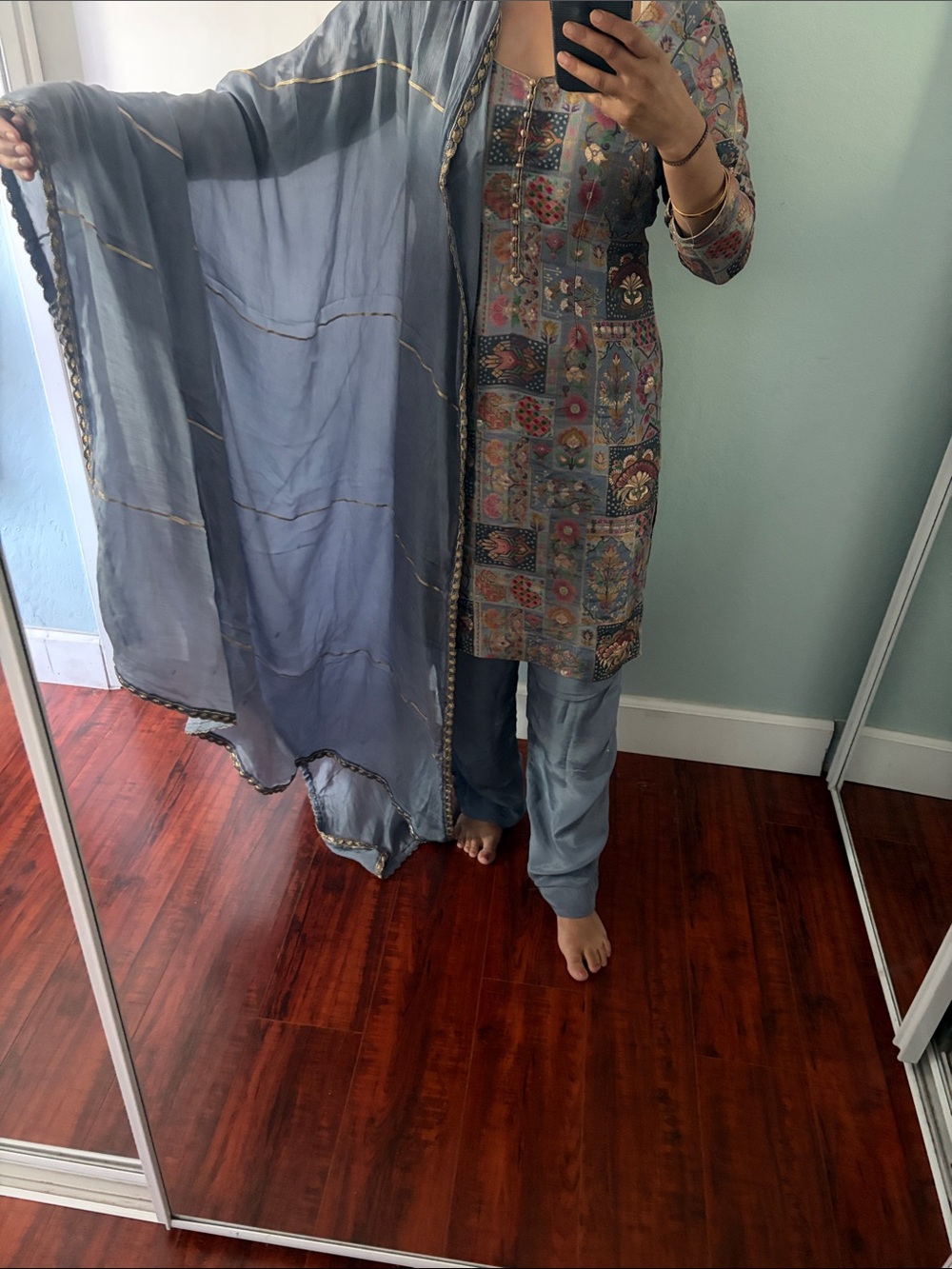 Light Blue Embroidered pants Kameez Set with Dupatta